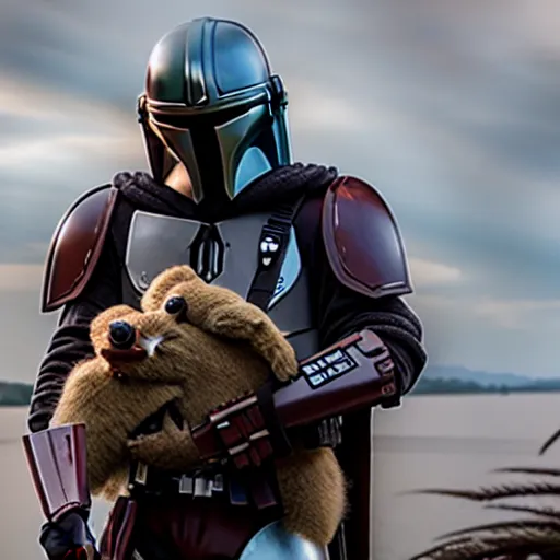 Prompt: mandalorian carrying grogu through swamp, stunning cinematography, light diffusion