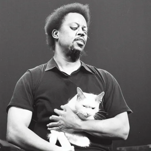 Prompt: wet glistening charles mingus holding a cat over his head on stage, professional, black and white