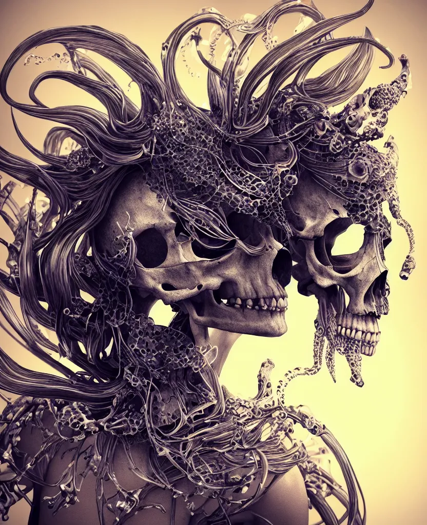 Image similar to close-up macro portrait of the face of a beautiful princess with animal skull mask, epic angle and pose, ribcage bones symmetrical artwork, 3d with depth of field, blurred background, cybernetic jellyfish female face skull phoenix bird, translucent, nautilus, energy flows of water and fire. a highly detailed epic cinematic concept art CG render. made in Maya, Blender and Photoshop, octane render, excellent composition, cinematic dystopian brutalist atmosphere, dynamic dramatic cinematic lighting, aesthetic, very inspirational, arthouse. y Greg Rutkowski, Ilya Kuvshinov, WLOP, Stanley Artgerm Lau, Ruan Jia and Fenghua Zhong