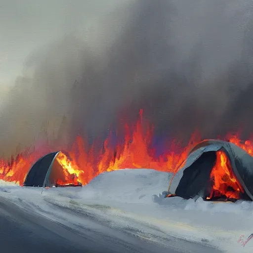 Image similar to a camp with tents on fire, burning down, shadows of 3 girls watching the camp burn, snow, painted by Sylvain Sarrailh