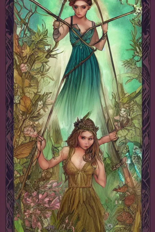 Prompt: fairy themed four of wands tarot card, trending on artstation, detailed