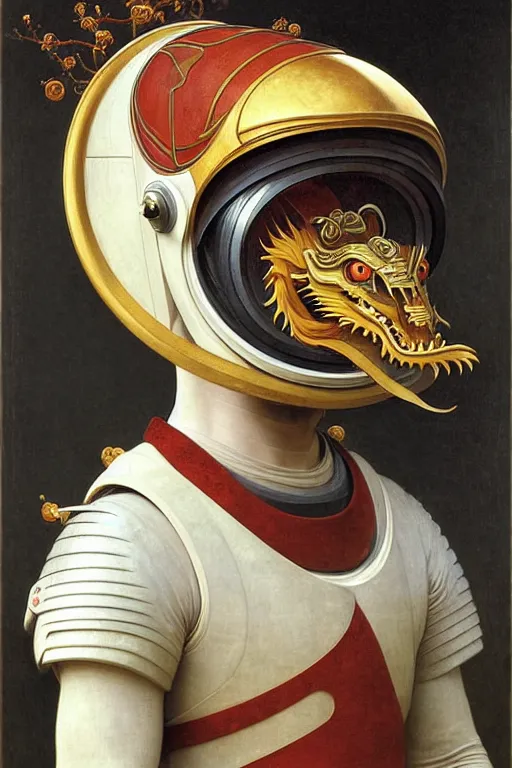 Prompt: portrait of a astronaut is a chinese dragon in armor and helmet, majestic, solemn, luminous accessories, by bouguereau