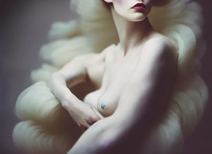 Image similar to cinestill 5 0 d photo portrait of a beautiful hybrid woman in style of tim walker by roberto ferri, body covered by plaster intricate detailed, hair is intricate couture, 5 0 mm lens, f 1. 2, sharp focus, ethereal, emotionally evoking, head in focus, bokeh volumetric lighting, tonal colors outdoor