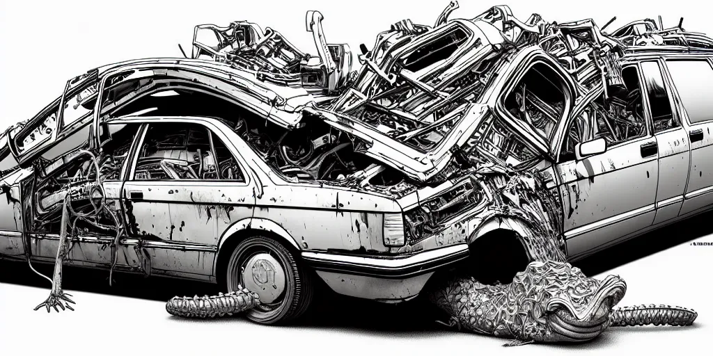 Image similar to a big woman axolotl in burning wrecked mercedes 1 2 4, ultrafine hyperdetailed illustration by kim jung gi