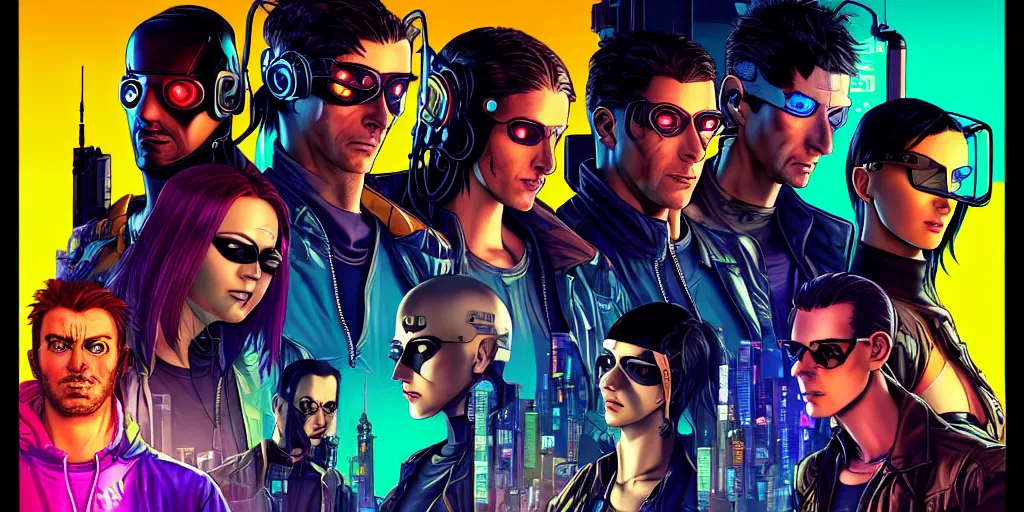 Prompt: cyberpunk hacker crew. portrait by stonehouse and mœbius and will eisner and gil elvgren and pixar. character design. realistic proportions. dystopian. cyberpunk 2 0 7 7 character art, blade runner 2 0 4 9 concept art. cel shading. attractive face. thick lines. hi def 4 k. the team. detailed interesting characters. realistic faces.