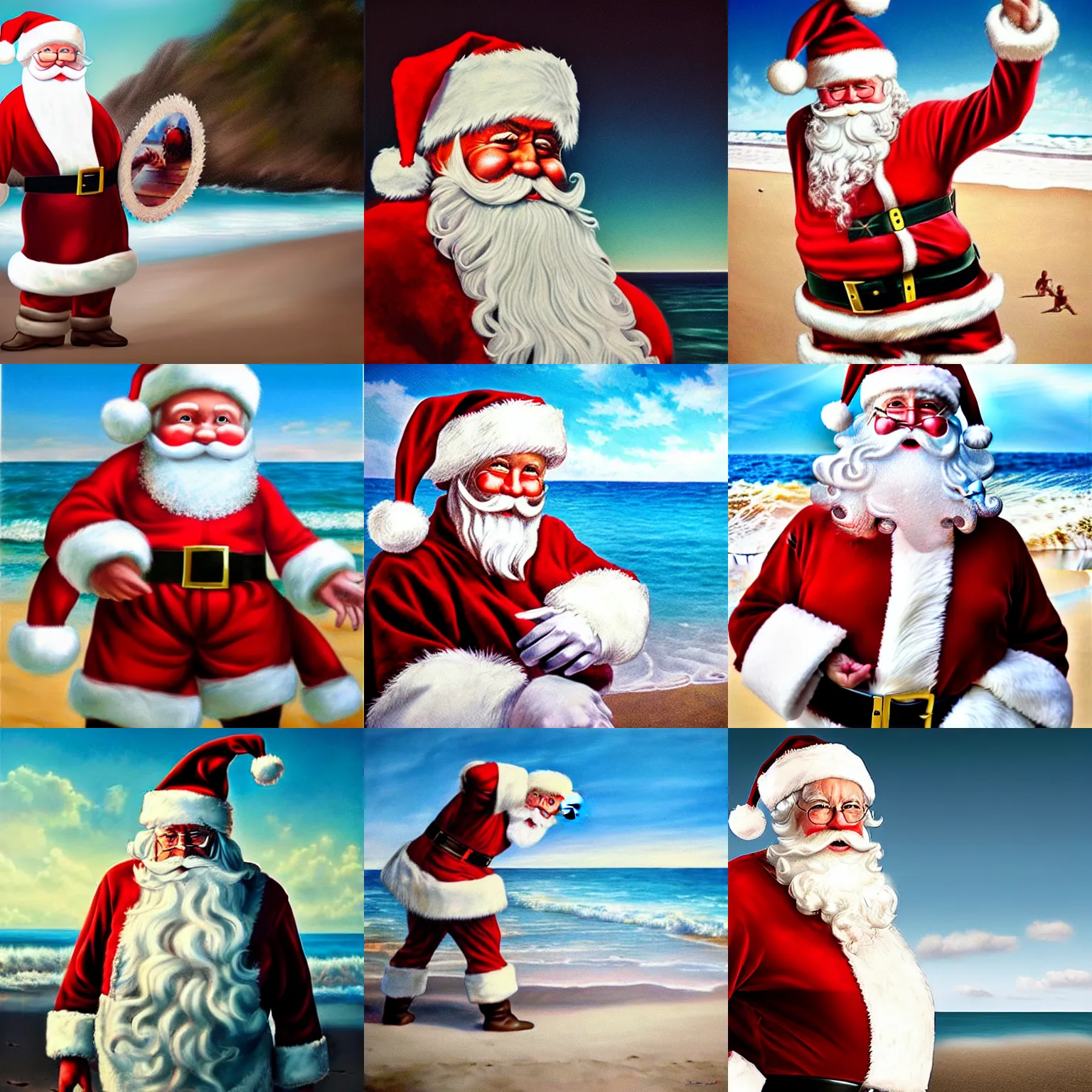 Prompt: ultra realistic paiting of santa claus on a beach, epic hero shot