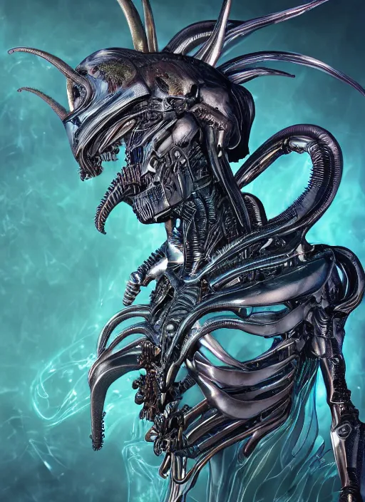 Image similar to hybrid humanoid androgyne muse with recursively horned wing crown attached to side of xenomorphic head, concept art, sculpted iridescent optical mineralogy features, xenomorphic, intricate detail, holographic, pixel sorting, style by James Jean, circuitry, organic detail, asymmetry, cinematic, epic wide shot, ultra detailed, artstation, sharp focus,smooth, cinematic lighting, cinematic detail, composition, photorealistic, render in unreal engine 5, golden ratio, 8k render