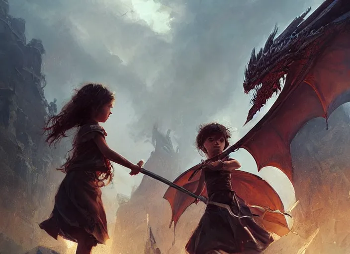 Image similar to a cute little girl with curly brown hair holding a sword faces off against a huge dragon, beautiful fantasy art by greg rutkowski.