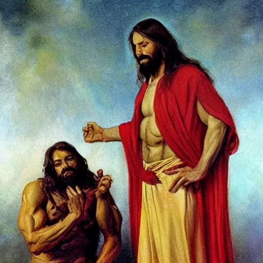 Image similar to jesus christ, a powerful long haired man in a robe. he's standing above a wounded roman soldier, mocking him. oil painting in the style of frank frazetta, boris vallejo, ilya repin. warm colors. detailed and realistic. concept art