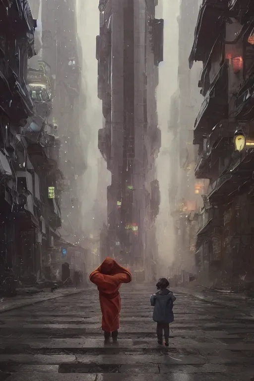 Image similar to a portrait of a small person wearing a cloke in the middle foreground walking in the street of a sci-fi city by Greg Rutkowski, Sung Choi, Mitchell Mohrhauser, Maciej Kuciara, Johnson Ting, Maxim Verehin, Peter Konig, final fantasy , mythical, 8k photorealistic, cinematic lighting, HD, high details, atmospheric,