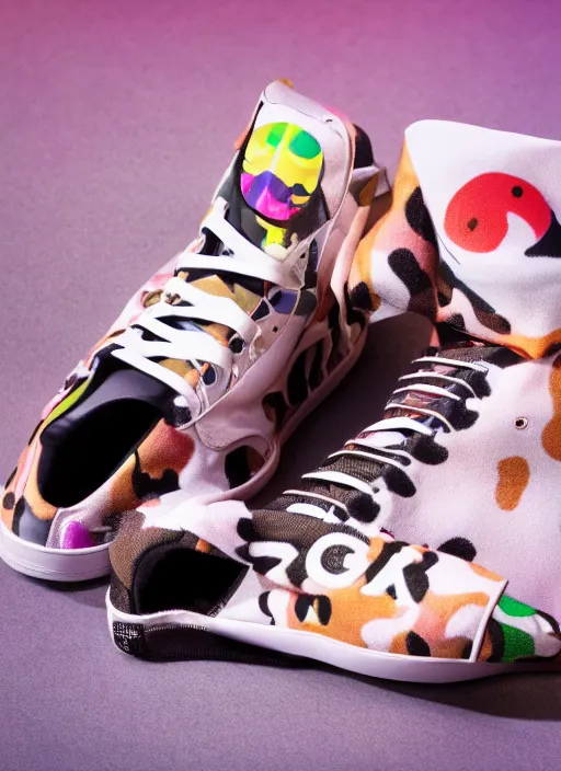 Image similar to hyperrealistic and heavy detailed product photo bape avant garde shoe of movie the fifth element, in front of white back drop, whole shoe is in picture, leica sl 2 5 0 mm, vivid color, high quality, high textured, real life