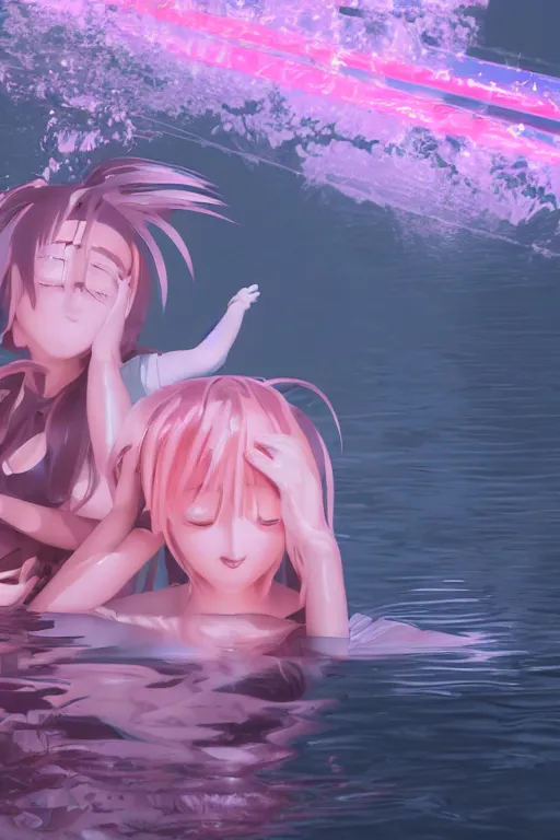 Prompt: 3d realistic dramatic infrared photo of two anime schoolgirls with a realistic face falling down from huge japanese bridge in a dark subway station under water in Japan. Close-up portrait. There are pink palm trees and translucent glow jellyfish flying around. Volumetric composition. Pastel colors in the style of Hiro Kiyohara, redshift, octane, trend artstation, cinematic, hyper realism, high detail, 8k