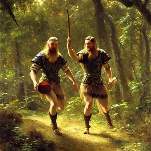 Image similar to 2 attractive male vikings frolicking in the forest. highly detailed painting by gaston bussiere, craig mullins, j. c. leyendecker, 8 k