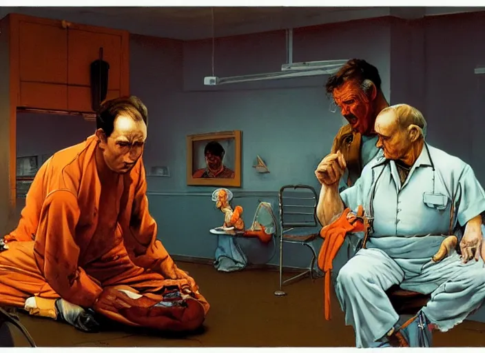 Image similar to a still from the movie one flew over the cuckoo's nest by francis bacon and norman rockwell and james jean, and mark brooks, triadic color scheme, by greg rutkowski, syd mead and edward hopper and norman rockwell and beksinski, dark surrealism, orange and turquoise
