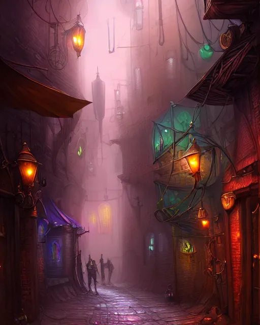 Image similar to street view of an otherworldly alley in the planescape city named sigil, crowded, beautiful digital painting in the style of wlop, volumetric lightning, intricate details, ultra realistic, by art germ, by gerard brom, steampunk, fantasypunk, deep colors, amazing d & d art, trending cgsociety, artstation, sharp