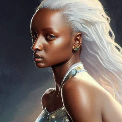 Image similar to full figure ultra realistic illustration, jodie turner - smith as ororo munroe, intricate, elegant, highly detailed, digital painting, artstation, concept art, smooth, sharp focus, illustration, art by artgerm and greg rutkowski and alphonse mucha