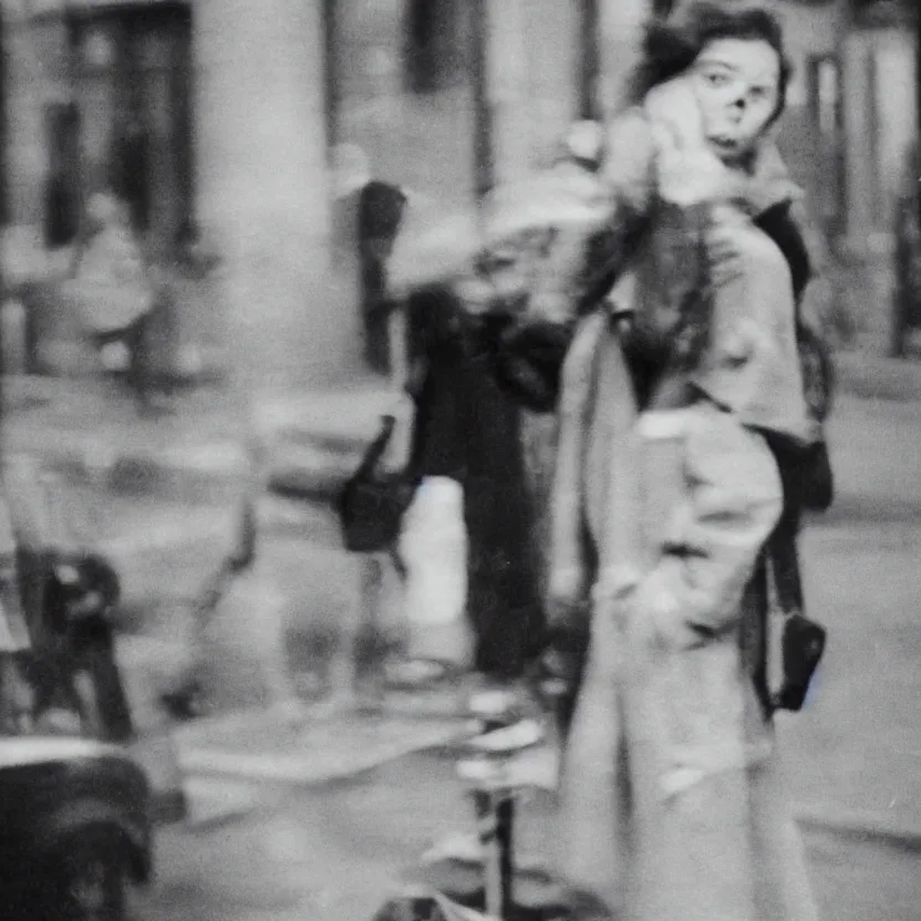 Image similar to street photography portrait of a woman in new york from the year 1 9 6 0, ultra - detailed hyper - realistic, photographed on damaged film