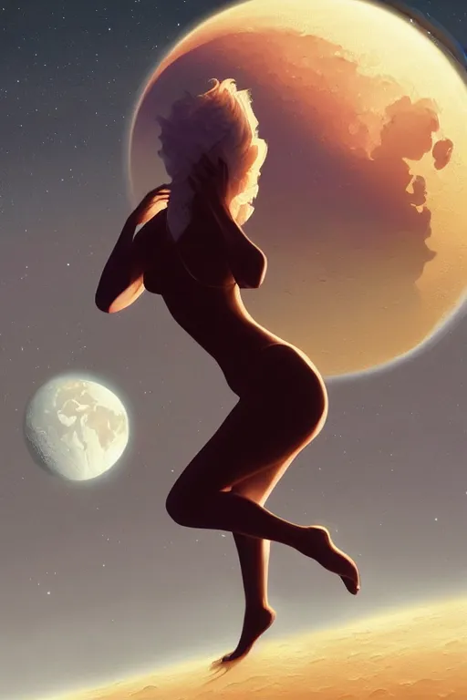 Prompt: Silhouette of a woman sitting on the moon with a view of the earth in the background, elegant, digital painting, highly detailed, artstation, concept art, smooth, sharp focus, illustration, art by artgerm and greg rutkowski.