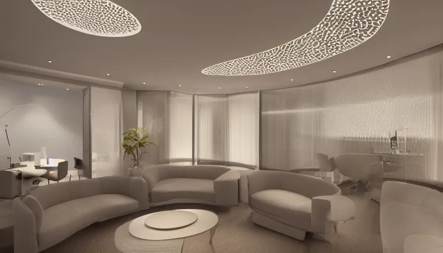 Image similar to low ceiling oval shaped room interior with ceramic dentist chair and projection mapped walls, octane render, intricate details