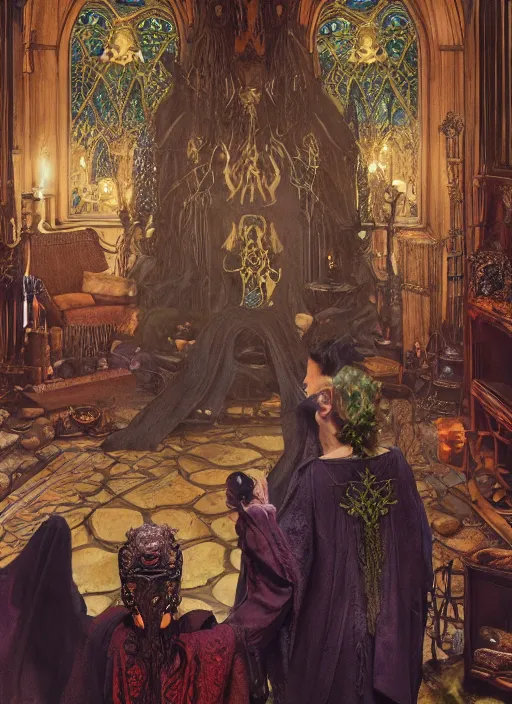 Prompt: picture inside covens den, intricate wiccan scene detailing, textless, hyperornate wiccan photorealistic mask, highly detailed, photorealistic, diffuse lighting, hdrp render, artstation, unreal 5, smooth, sharp focus, art by john collier, albert aublet, krenz cushart, artem demura, alphonse mucha