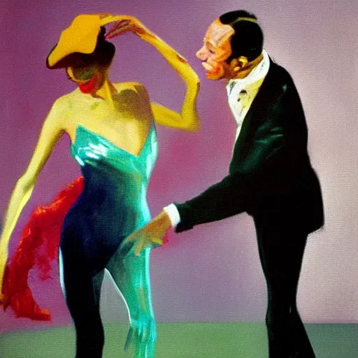 Prompt: cyd charisse and fred astaire dancing, colorful, francis bacon painting