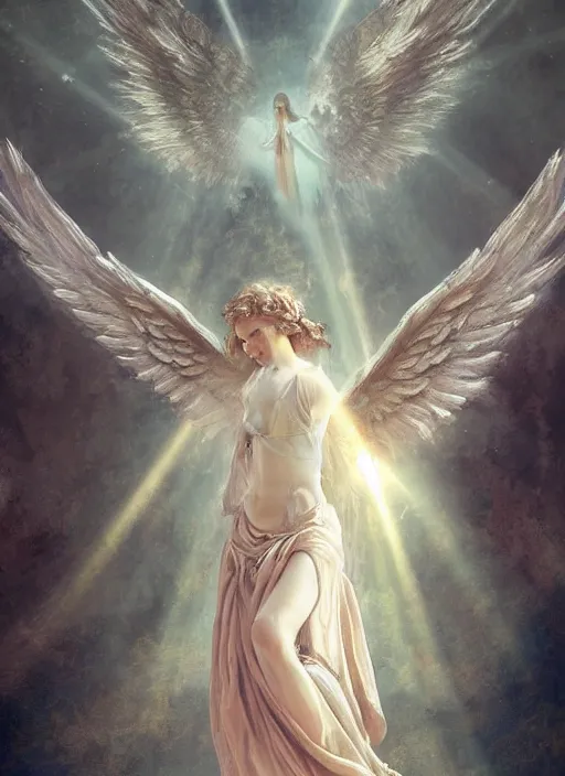 Prompt: angel landed under the gates of heaven, rococo style, magic, holy light, tyndall effect, high definition, lots of details, by wlop