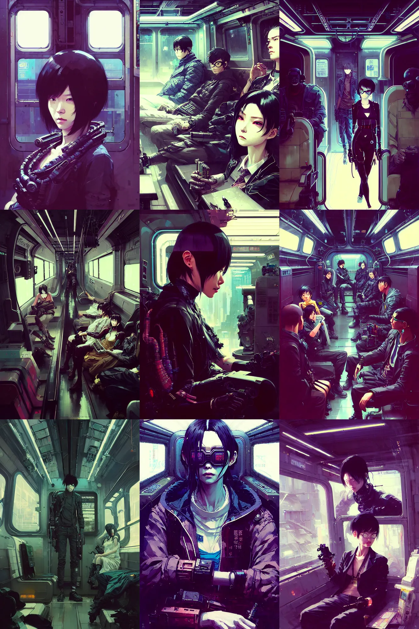 Prompt: hyper - realistic cyberpunk portrait of subway car interior, extreme detail, in style of pan ren wei, ilya kuvshinov, yoji shinkawa, atey ghailan, krenz cushart, by greg rutkowski, by greg tocchini, by james gilleard, by joe fenton, by kaethe butcher, grunge aesthetic