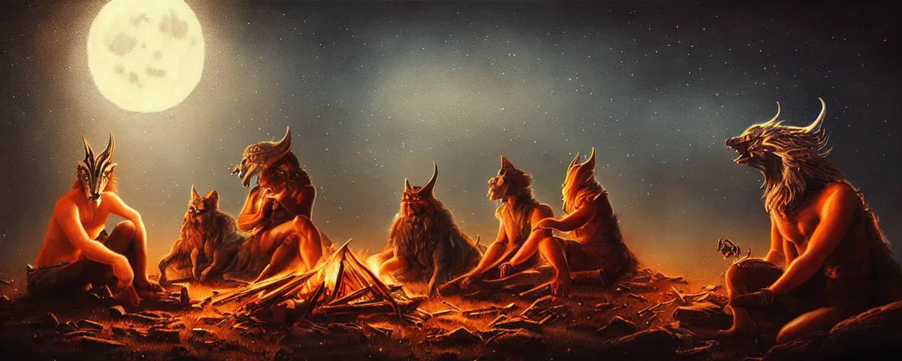 Prompt: uncanny bifrost mythical beasts of sitting around a fire under a full moon, surreal dark uncanny painting by ronny khalil