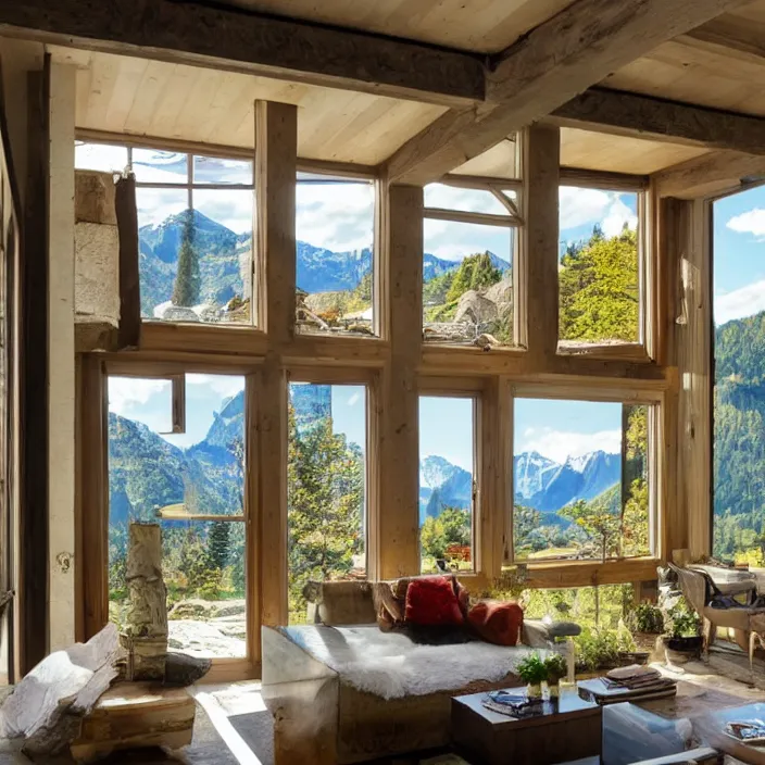 Image similar to fantastical living room with switzerland landscape in the window