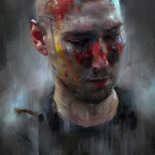 Prompt: A realistic hyperdetailed multi-colored digital oil portrait painting of a man crying about soccer in the style of Guy Denning, Ruan Jia, and Craig Mullins. Trending on ArtStation and DeviantArt. CGSociety Digital art.