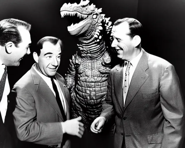 Prompt: a photograph of Abbott and Costello meeting Godzilla