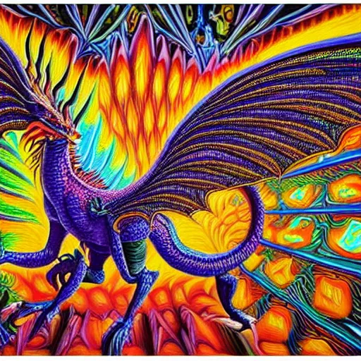 Prompt: a painting of a dragon with a psychedelic look, a detailed painting by alex grey, reddit contest winner, psychedelic art, detailed painting, psychedelic, ( ( made of crystals ) )