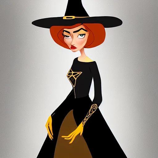 Image similar to portrait of a beautiful female witch in black and golden dress , digital painting , digital art , pixar style , Disney , cute , trending on artstation