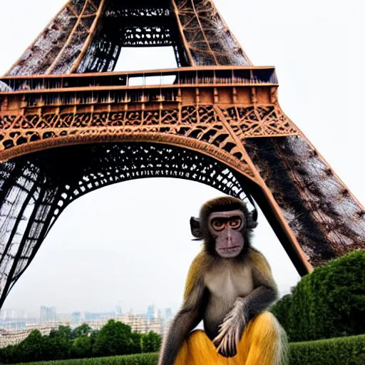 Image similar to high quality portrait of a monkey in front of eiffel tower, studio photograph, photograph, realistic photo, 8k photo, 4k photo, stock photo, high resolution, cinematic shot, high detail