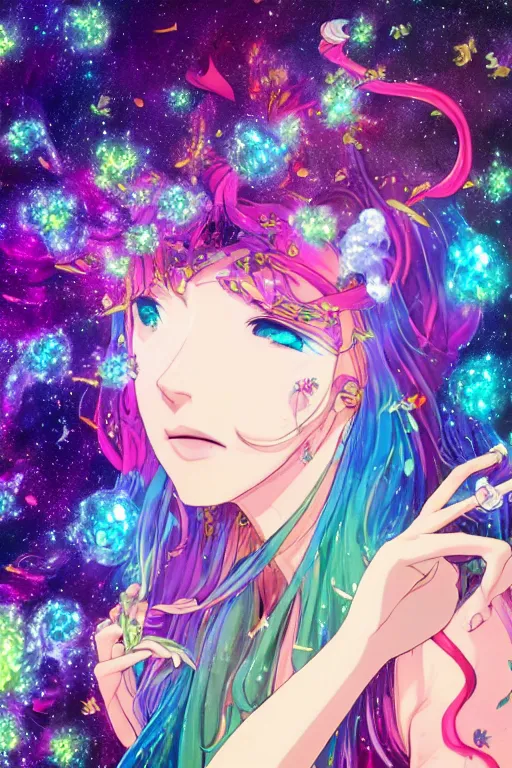 Image similar to psychedelic, whimsical, anime, 4k, beautiful intimate woman blowing smoke, with professional makeup, long trippy hair, a crystal and flower dress, sitting in a reflective pool, surrounded by gems, underneath the stars, rainbow fireflies, trending on patreon, deviantart, twitter, artstation, volumetric lighting, heavy contrast, art style of Ross Tran and Miho Hirano anc Ilya Kuvshinov