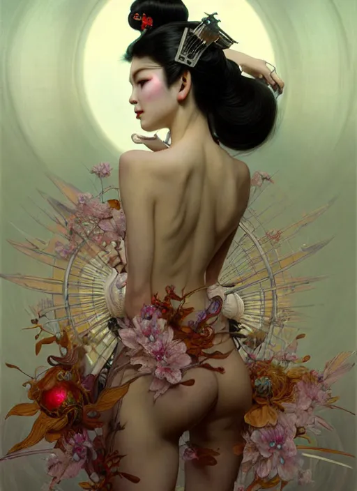 Image similar to organic Geisha cyborg, translucent pearlescent skin, diffuse lighting, fantasy, intricate, elegant, highly detailed, lifelike, photorealistic, digital painting, artstation, illustration, concept art, smooth, sharp focus, art by John Collier and Albert Aublet and Krenz Cushart and Artem Demura and Alphonse Mucha