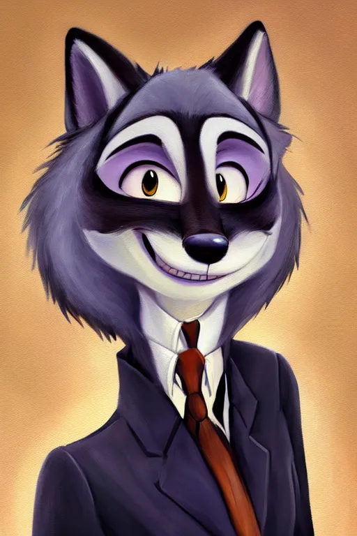 Image similar to oil painting of anthromorphic female wolf, in style of zootopia, female fursona, furry, furaffinity, 4 k, deviantart, furry art, fursona art, wearing black business suit, business suit, wolf fursona, female, smug expression,