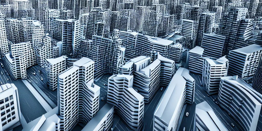 Image similar to drone view of a Brutalist architecture city with a large road through,sharp focus,telephoto lens,3D digital art 4k