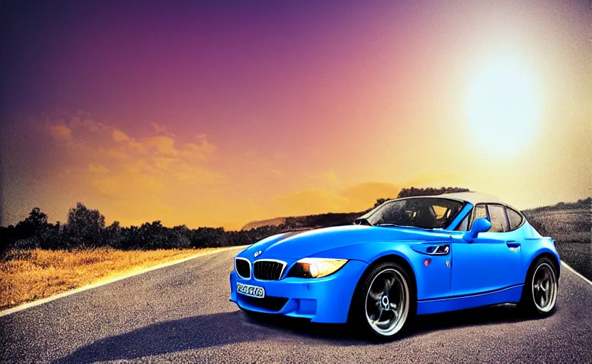 Image similar to “Beautiful Blue BMW Z3 driving fast on country road. Wheels rotating. Sunset background. Advertisement. Motion blur, high detail, zoomed in, fish eye lense. Artstation. Cinematic lighting.”
