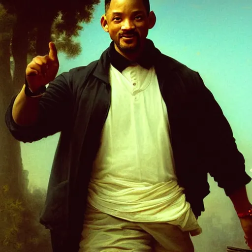 Prompt: Painting of Will Smith as Neo. Art by william adolphe bouguereau. During golden hour. Extremely detailed. Beautiful. 4K. Award winning.