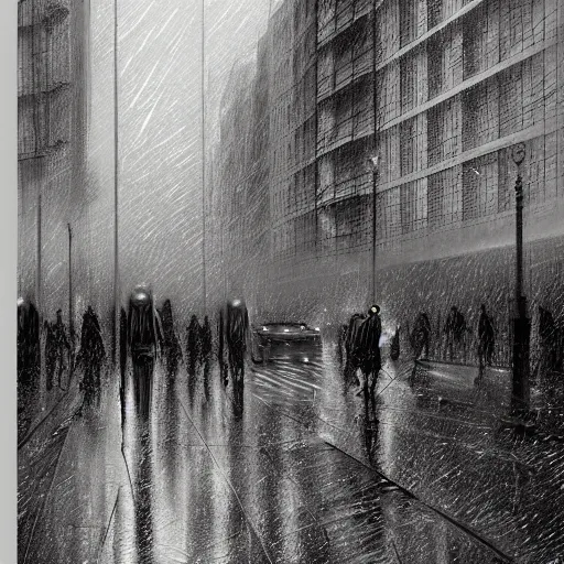 Prompt: close up of dystopian london raining with robots walking the streets, pencil sketch, realistic shaded, fine details, realistic shaded lighting poster by greg rutkowski