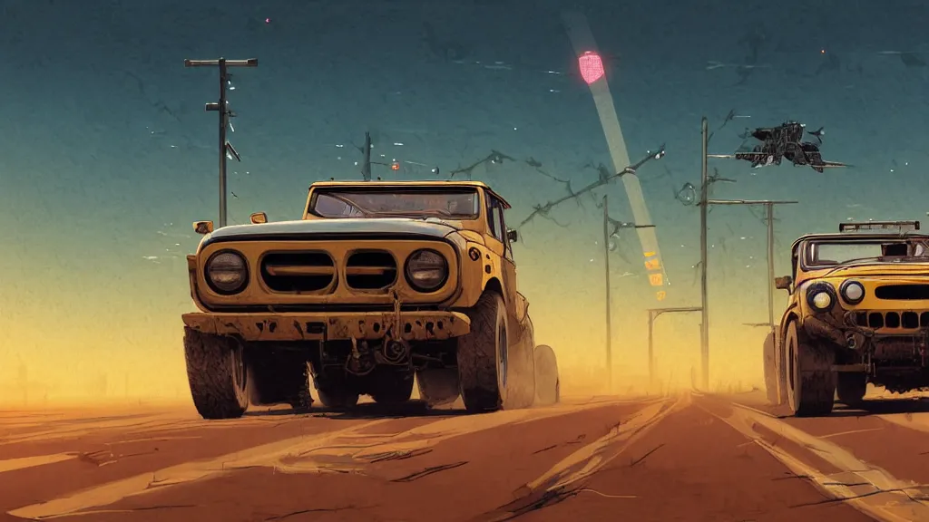 Image similar to digital illustration of mad max's fj 4 0 pursuit special, the last v 8 interceptor driving down a deserted cyberpunk highway in the middle of the day by studio ghibli, anime style year 2 0 9 3, by makoto shinkai, ilya kuvshinov, lois van baarle, rossdraws, basquiat