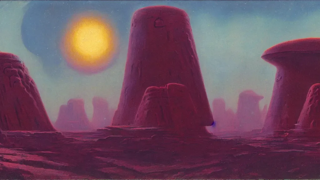 Image similar to mysterious monuments of an alien civilization by paul lehr and john schoenherr, cinematic matte painting