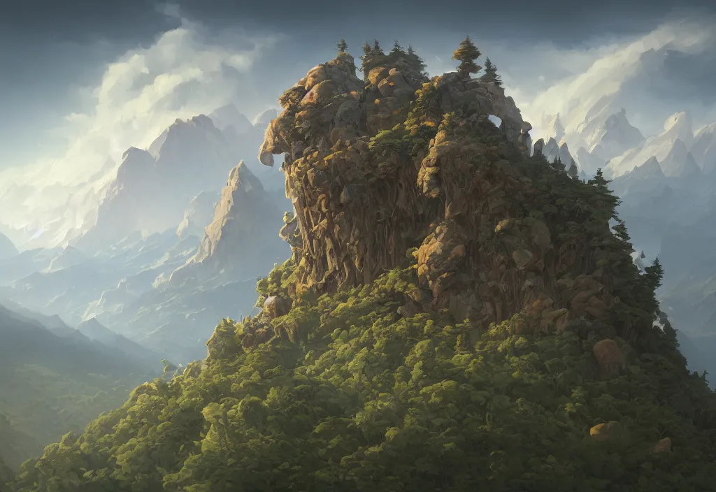 Image similar to mountain landscape without people, high trees, top of the hill, above low layered clouds, deep focus, fantasy, intricate, elegant, highly detailed, digital painting, artstation, concept art, matte, sharp focus, illustration, hearthstone, art by rhads and artgerm and greg rutkowski and alphonse mucha. gediminas pranckevicius