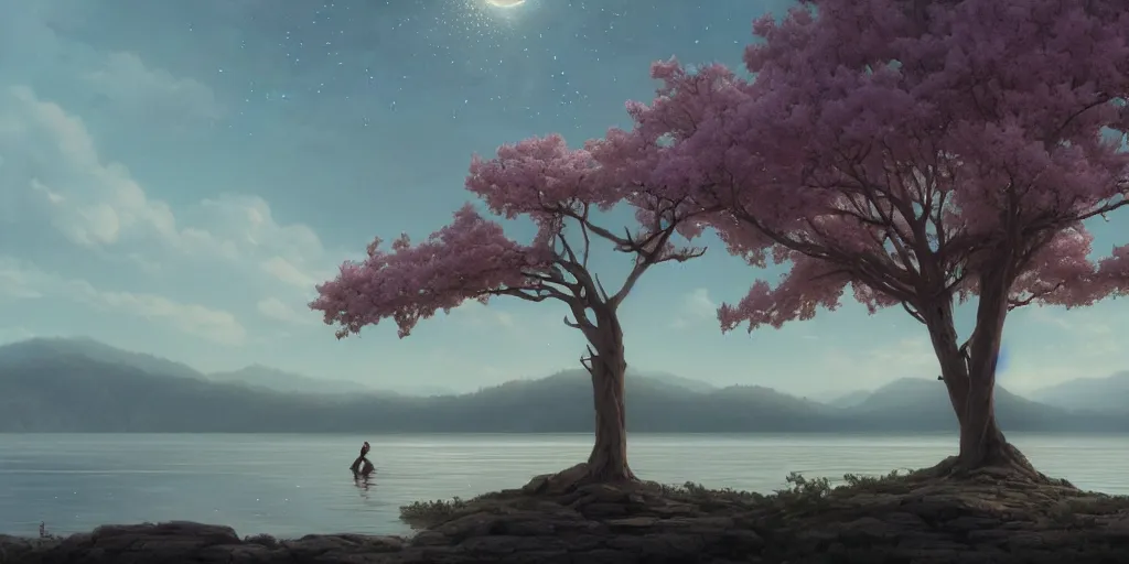 Image similar to vanishing point a single sakura tree upon a lake, viewed from afar, stephen bliss, unreal engine, illustration, fantasy art by greg rutkowski, loish, rhads, ferdinand knab, makoto shinkai and lois van baarle, ilya kuvshinov, rossdraws, tom bagshaw, global illumination, radiant light, minimalist, detailed and intricate environment