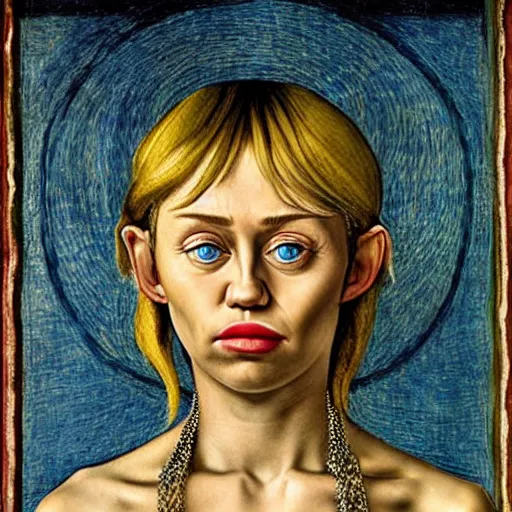 Image similar to miley cyrus as gollum, elegant portrait by sandro botticelli, detailed, symmetrical, intricate