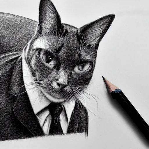 Image similar to 3D photorealistic pencil drawing of a cat in a suit with a briefcase on his way to work