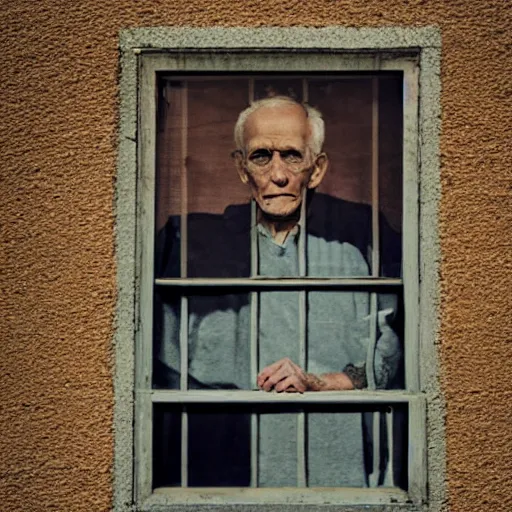 Image similar to a featureless old man seen through a window