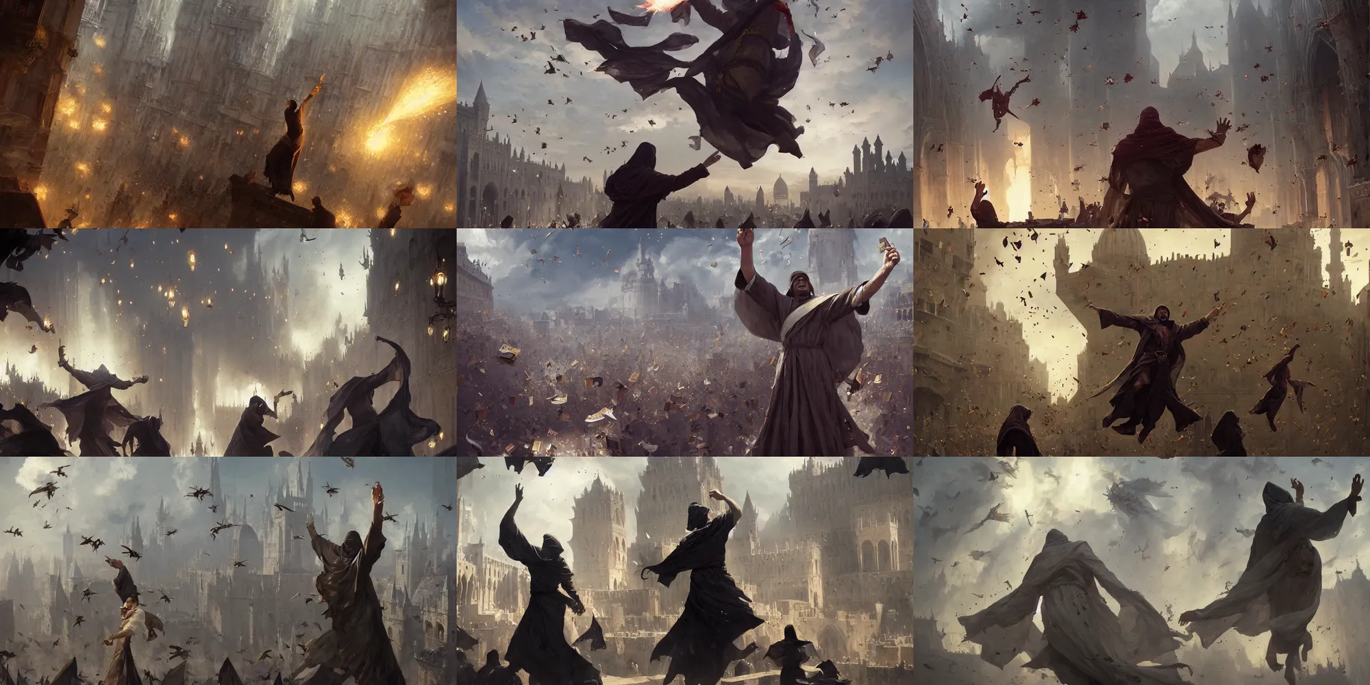 Prompt: man in robes throwing mamluk cards into the air, cards in the breeze, swarm of cards, cloud of cards, fantasy art by greg rutkowski