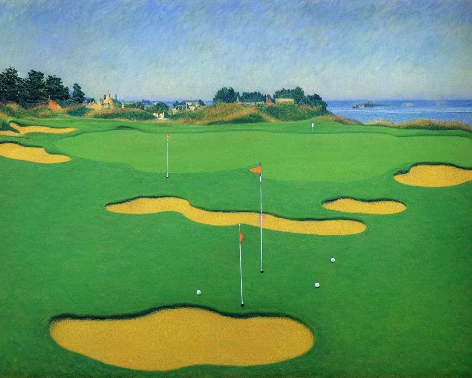 Prompt: achingly beautiful painting of bandon dunes putting green by rene magritte, monet, and turner.